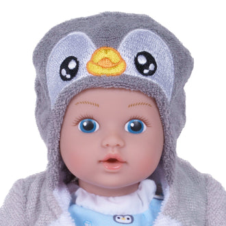 Adora BathTime baby doll set comes with one 8.5-inch baby doll boy, an attached light blue penguin- and ice cube-print swimsuit, and a hooded Penguin terry bathrobe complete with an embroidered penguin face. 100% Machine Washable - Made to love and last with exclusive Quick Dry Fabric. 