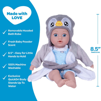 Adora BathTime baby doll set comes with one 8.5-inch baby doll boy, an attached light blue penguin- and ice cube-print swimsuit, and a hooded Penguin terry bathrobe complete with an embroidered penguin face. 100% Machine Washable - Made to love and last with exclusive Quick Dry Fabric. 